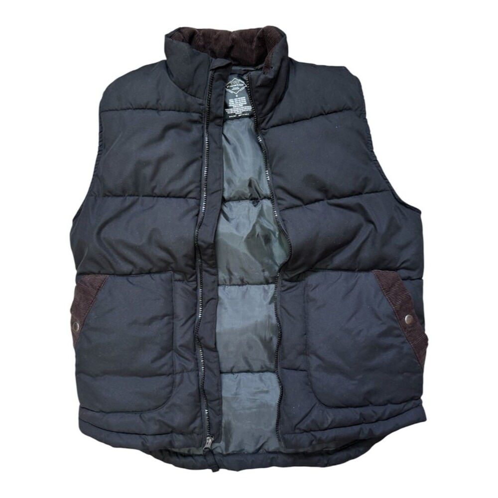 St.  John’s Bay Black Puffer Vest Brown Corduroy Trim Zip Front Men’s Small